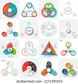 Big set of vector triangles, circles and other elements for infographic. Template for cycle diagram, graph. Business concept with 3 options, parts, steps.