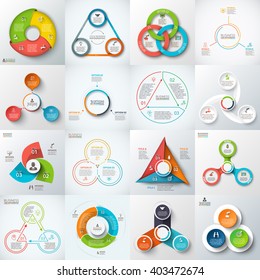 Grande conjunto de triângulos vetoriais, círculos e outros elementos para infográfico. Modelo para diagrama cíclico, gráfico. Conceito de negócio com 3 opções, peças, passos.