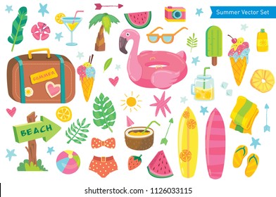 Big set of vector tropical summer exotic elements. Trendy beach illustrations collection
