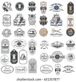 Big set of vector vintage tailor badges, stickers, emblems , signage with sewing needles, pins, thimbles, buttons, coils of thread, sewn on tags