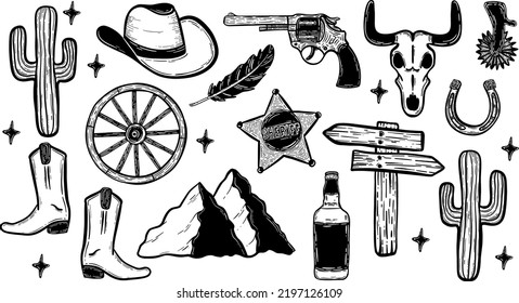 Big Set Of Vector Wild West Badges, Texas Road Sign, Old Wooden Wheel, Whiskey Bottle, Money , Revolver, Horseshoe, Sheriff Badge, Cowboy Boots. Cactus, Bison Cow Skull, Cowboy Hat Isolated On White