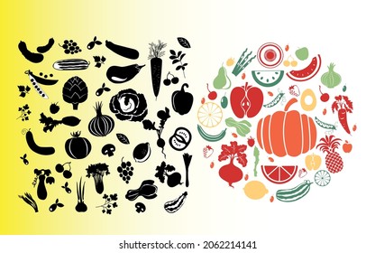 big set of vegetable, all vegetable icon color and black and white