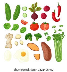 Big set of vegetable, berries, herb and roots. Natural raw fresh food for vegetarian nutrition. Illustration for fresh smoothie or diet flyer. Vector.