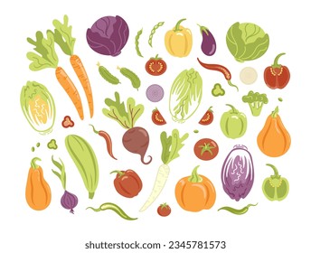 Un gran conjunto de verduras de estilo plano. Varios productos vegetarianos frescos. elementos de diseño agrícola. Cosechando. Estilo de vida saludable. Para pegatinas, afiches, elementos de diseño.