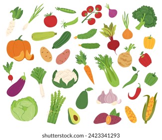 Grandes verduras de estilo plano aisladas en un fondo blanco.