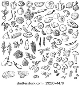 Big set of vegetables, fruits, berries and nuts. Vector cartoon illustrations. Isolated objects on a white background. Vegetarian food.