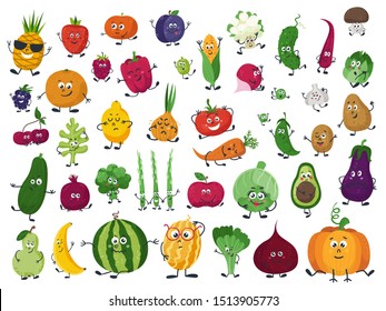 Big set of vegetables, fruits and berries in cartoon style