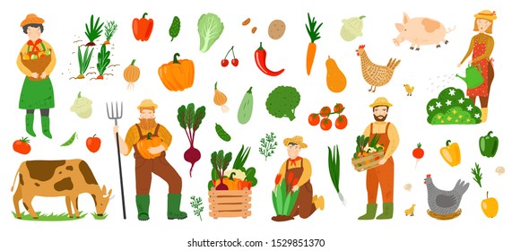 Big set of vegetables, fruits, farm animals and farmers. Local products. Farmers gathering crops. Farm works. Autumn harvest. Vector isolated background. Flat cartoon illustration.