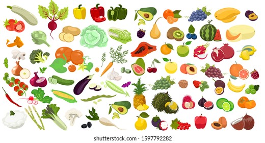 Big set of vegetables and fruits isolated on a white background. Vector graphics.