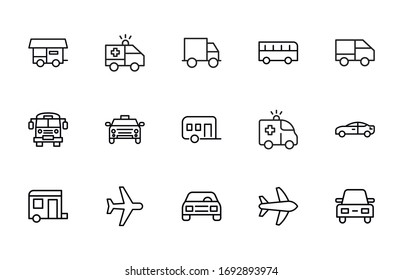 Gran conjunto de iconos de línea de vehículos. Ilustración vectorial aislada en un fondo blanco. Símbolos de calidad superior. Iconos vectoriales de trazo para conceptos o gráficos web. Sencillas señales de línea delgada. 