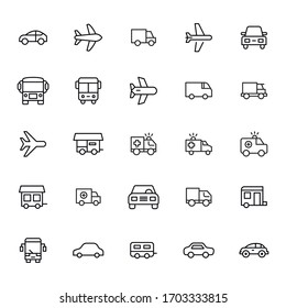 Big set of vehicles line icons. Vector illustration isolated on a white background. Premium quality symbols. Stroke vector icons for concept or web graphics. Simple thin line signs. 