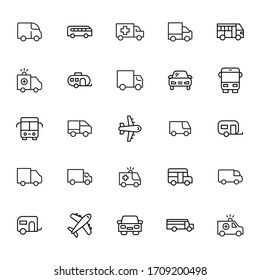 Big set of vehicles line icons. Vector illustration isolated on a white background. Premium quality symbols. Stroke vector icons for concept or web graphics. Simple thin line signs. 