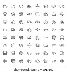 Gran conjunto de iconos de línea de vehículos. Ilustración vectorial aislada en un fondo blanco. Símbolos de calidad premium. Iconos vectoriales de trazo para el concepto o gráficos web. Sencillos signos de línea delgada. 