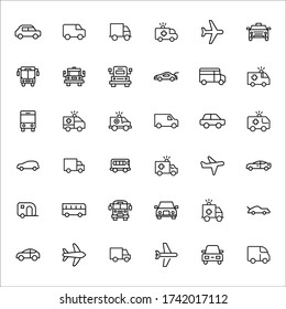 Big set of vehicles line icons. Vector illustration isolated on a white background. Premium quality symbols. Stroke vector icons for concept or web graphics. Simple thin line signs. 