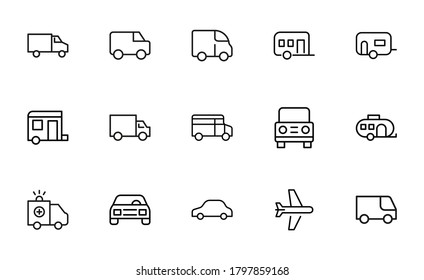 Big set of vehicles line icons. Vector illustration isolated on a white background. Premium quality symbols. Stroke vector icons for concept or web graphics. Simple thin line signs.
