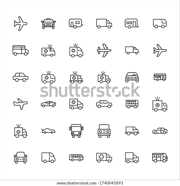 Big set\
of vehicles line icons. Vector illustration isolated on a white\
background. Premium quality symbols. Stroke vector icons for\
concept or web graphics. Simple thin line signs.\
