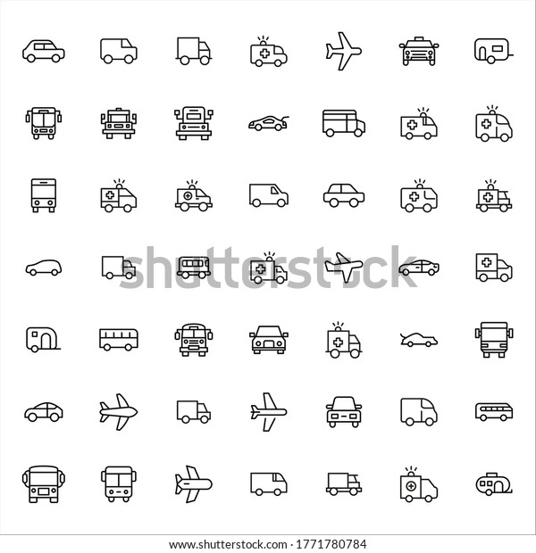 Big set\
of vehicles line icons. Vector illustration isolated on a white\
background. Premium quality symbols. Stroke vector icons for\
concept or web graphics. Simple thin line signs.\

