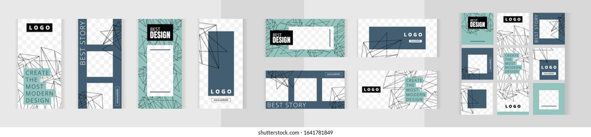 Big set of vertical, horizontal and square templates for design of social networks, instagram story and print with windows for images. Linear mess. Chaotic abstract lines on blue and green background.