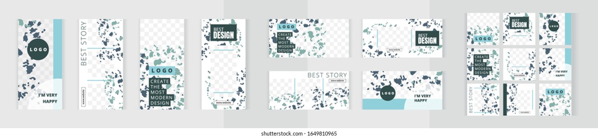 Big set of vertical, horizontal and square templates for design of social networks, instagram story and print with windows for images. Blue stripes and spots of paint.
