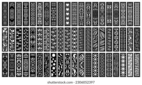 Big set of vertical panels, gratings. Abstract ornament, geometric, classic, oriental pattern, floral and plant motifs. Template for plotter laser cutting of paper, metal engraving, wood carving, cnc.