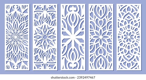 Big set of vertical panels, gratings. Abstract ornament, geometric, classic, oriental pattern, floral and plant motifs. Template for plotter laser cutting of paper, metal engraving, wood carving, cnc