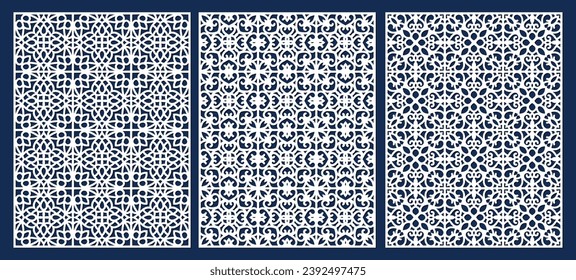 Big set of vertical panels, gratings. Abstract ornament, geometric, classic, oriental pattern, floral and plant motifs. Template for plotter laser cutting of paper, metal engraving, wood carving, cnc
