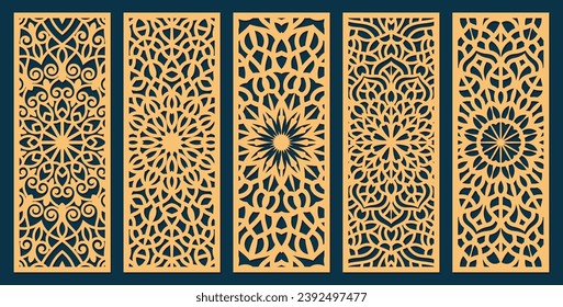 Big set of vertical panels, gratings. Abstract ornament, geometric, classic, oriental pattern, floral and plant motifs. Template for plotter laser cutting of paper, metal engraving, wood carving, cnc