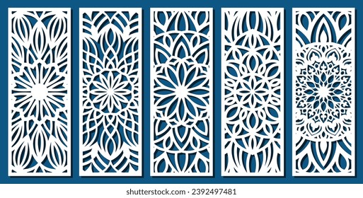 Big set of vertical panels, gratings. Abstract ornament, geometric, classic, oriental pattern, floral and plant motifs. Template for plotter laser cutting of paper, metal engraving, wood carving, cnc