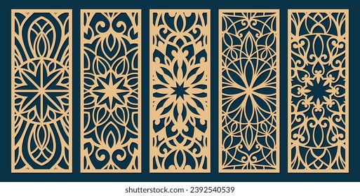 Big set of vertical panels, gratings. Abstract ornament, geometric, classic, oriental pattern, floral and plant motifs. Template for plotter laser cutting of paper, metal engraving, wood carving, cnc