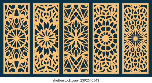 Big set of vertical panels, gratings. Abstract ornament, geometric, classic, oriental pattern, floral and plant motifs. Template for plotter laser cutting of paper, metal engraving, wood carving, cnc