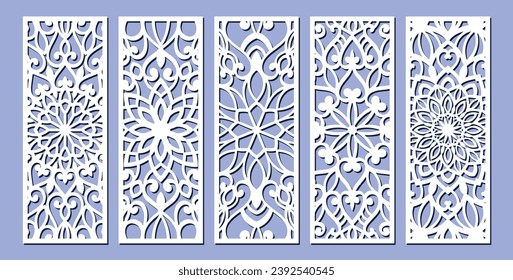 Big set of vertical panels, gratings. Abstract ornament, geometric, classic, oriental pattern, floral and plant motifs. Template for plotter laser cutting of paper, metal engraving, wood carving, cnc