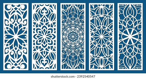 Gran conjunto de paneles verticales, rebanadas. Abstracto adorno, motivos geométricos, clásicos, orientales, florales y vegetales. Plantilla para el corte láser de papel, grabado de metal, tallado de madera, cnc
