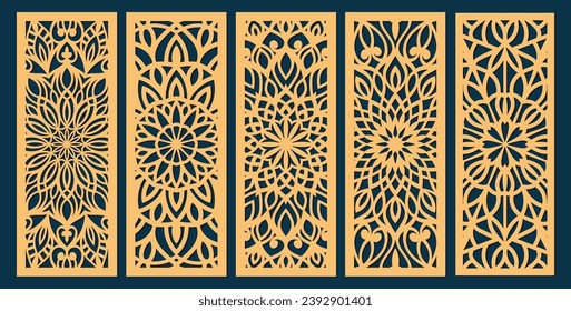 Big set of vertical panels, gratings. Abstract ornament, geometric, classic, oriental pattern, floral and plant motifs. Template for plotter laser cutting of paper, metal engraving, wood carving, cnc