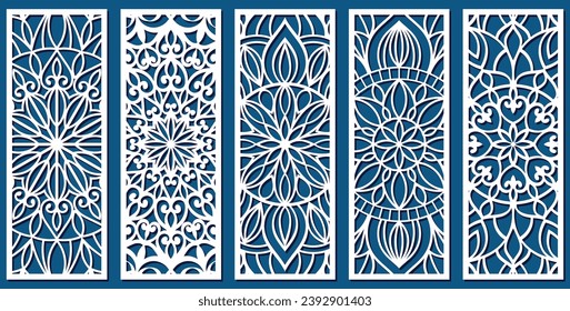 Big set of vertical panels, gratings. Abstract ornament, geometric, classic, oriental pattern, floral and plant motifs. Template for plotter laser cutting of paper, metal engraving, wood carving, cnc