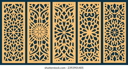 Big set of vertical panels, gratings. Abstract ornament, geometric, classic, oriental pattern, floral and plant motifs. Template for plotter laser cutting of paper, metal engraving, wood carving, cnc