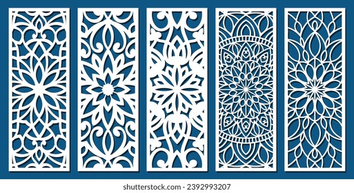 Big set of vertical panels, gratings. Abstract ornament, geometric, classic, oriental pattern, floral and plant motifs. Template for plotter laser cutting of paper, metal engraving, wood carving, cnc