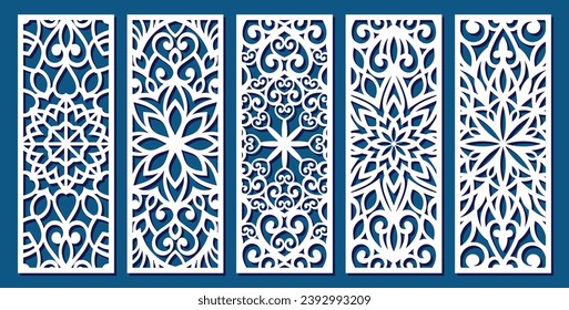 Big set of vertical panels, gratings. Abstract ornament, geometric, classic, oriental pattern, floral and plant motifs. Template for plotter laser cutting of paper, metal engraving, wood carving, cnc