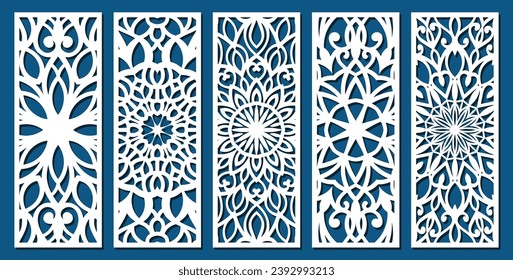 Big set of vertical panels, gratings. Abstract ornament, geometric, classic, oriental pattern, floral and plant motifs. Template for plotter laser cutting of paper, metal engraving, wood carving, cnc