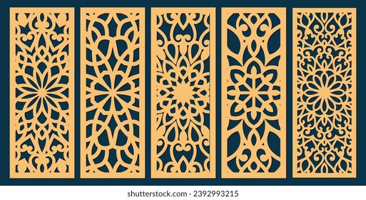 Big set of vertical panels, gratings. Abstract ornament, geometric, classic, oriental pattern, floral and plant motifs. Template for plotter laser cutting of paper, metal engraving, wood carving, cnc