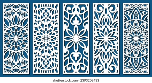 Big set of vertical panels, gratings. Abstract ornament, geometric, classic, oriental pattern, floral and plant motifs. Template for plotter laser cutting of paper, metal engraving, wood carving, cnc