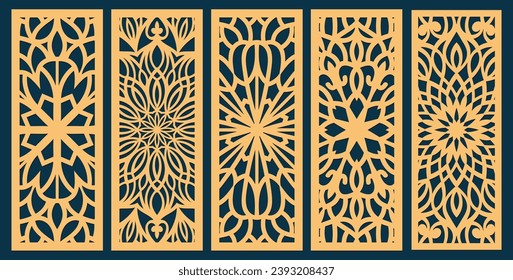 Big set of vertical panels, gratings. Abstract ornament, geometric, classic, oriental pattern, floral and plant motifs. Template for plotter laser cutting of paper, metal engraving, wood carving, cnc