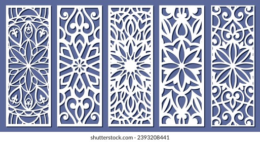Big set of vertical panels, gratings. Abstract ornament, geometric, classic, oriental pattern, floral and plant motifs. Template for plotter laser cutting of paper, metal engraving, wood carving, cnc