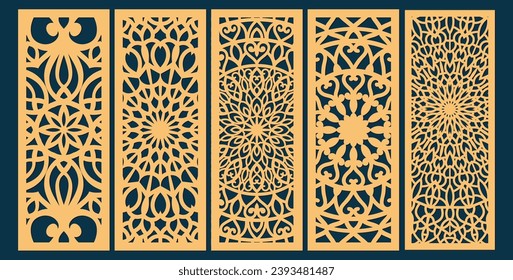 Big set of vertical panels, gratings. Abstract ornament, geometric, classic, oriental pattern, floral and plant motifs. Template for plotter laser cutting of paper, metal engraving, wood carving, cnc