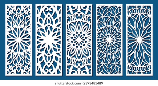 Big set of vertical panels, gratings. Abstract ornament, geometric, classic, oriental pattern, floral and plant motifs. Template for plotter laser cutting of paper, metal engraving, wood carving, cnc