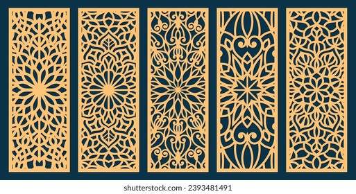 Big set of vertical panels, gratings. Abstract ornament, geometric, classic, oriental pattern, floral and plant motifs. Template for plotter laser cutting of paper, metal engraving, wood carving, cnc