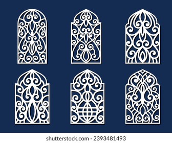 Big set of vertical panels, gratings. Abstract ornament, geometric, classic, oriental pattern, floral and plant motifs. Template for plotter laser cutting of paper, metal engraving, wood carving, cnc