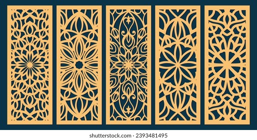 Big set of vertical panels, gratings. Abstract ornament, geometric, classic, oriental pattern, floral and plant motifs. Template for plotter laser cutting of paper, metal engraving, wood carving, cnc