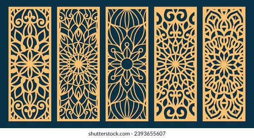 Big set of vertical panels, gratings. Abstract ornament, geometric, classic, oriental pattern, floral and plant motifs. Template for plotter laser cutting of paper, metal engraving, wood carving, cnc