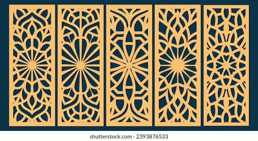 Große Reihe von vertikalen Paneelen, Roste. Abstrakte Ornamente, geometrische, klassische, orientalische Muster, Blumenmotive und Pflanzenmotive. Vorlage für Plotter-Laserschneiden von Papier, Metallgravur, Holzschnitzerei, CNC