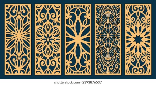 Big set of vertical panels, gratings. Abstract ornament, geometric, classic, oriental pattern, floral and plant motifs. Template for plotter laser cutting of paper, metal engraving, wood carving, cnc